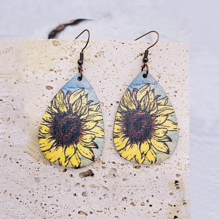Casual Yellow Wooden Sunflower Floral Print Vintage Earrings  Flycurvy [product_label]