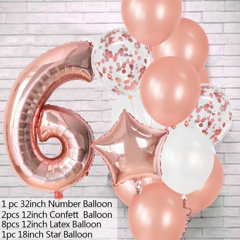 12Pcs Rose Gold Number Foil Latex Balloons Kids Adult Birthday Party Decoration 1st Birthday Gril Boy Decor Baby Shower Balloon
