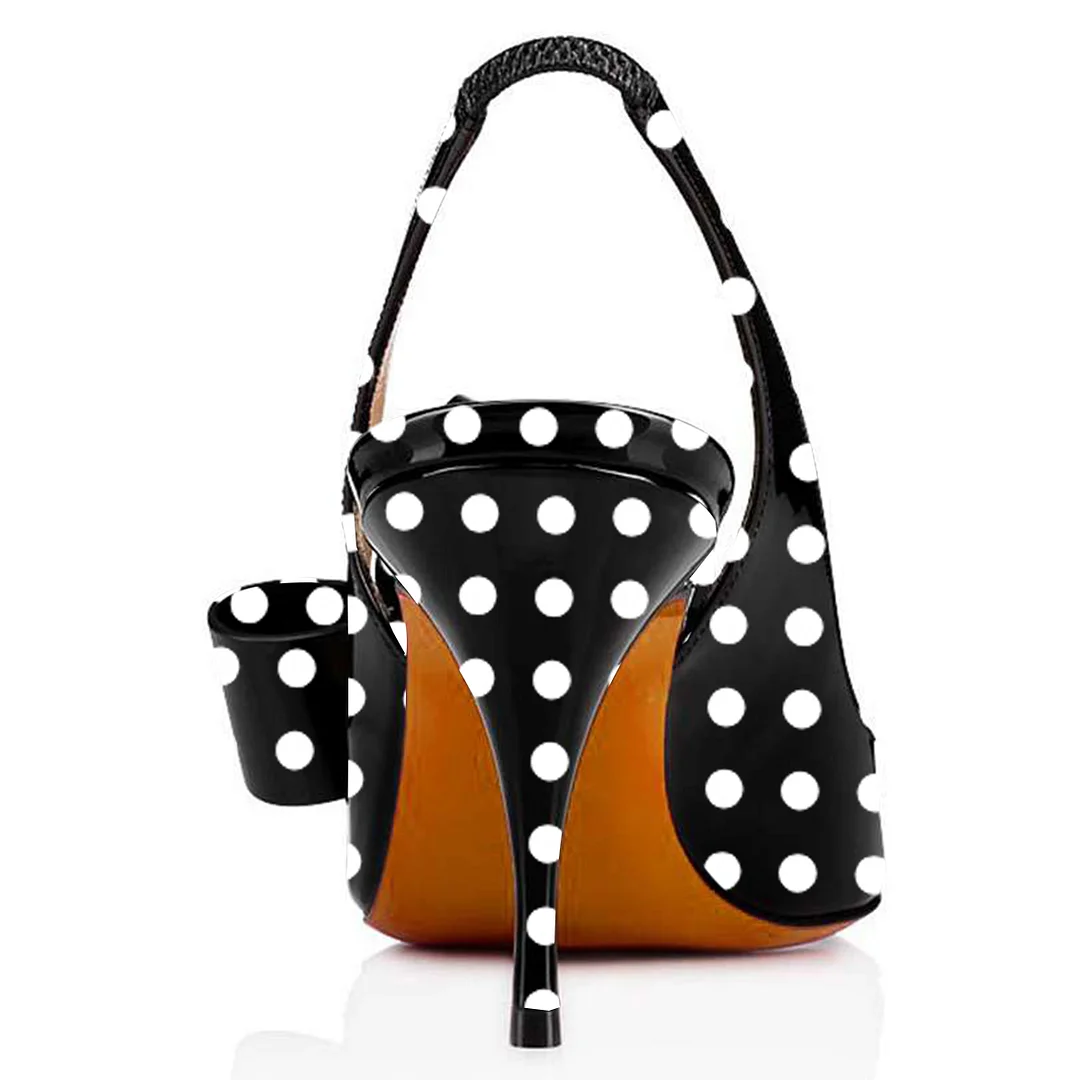 Women's Black & White Polka Dot Bow Inlay Pointed Toe Slingback Pumps