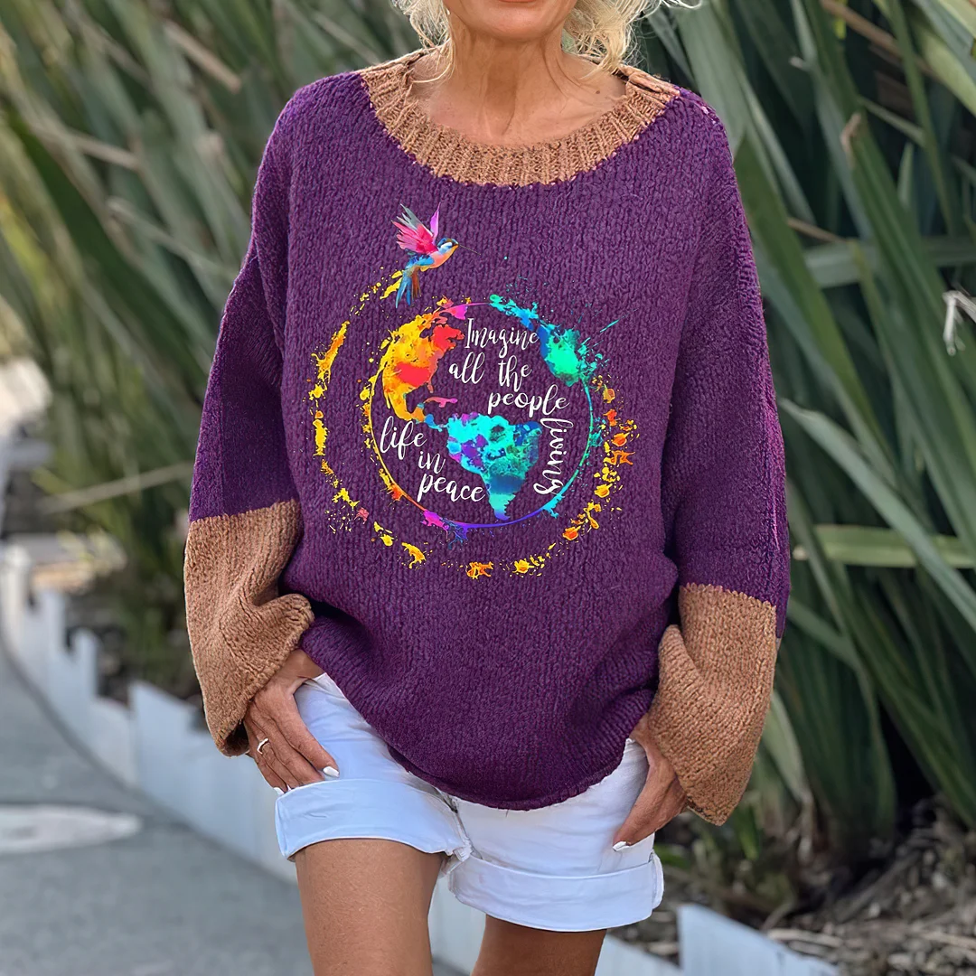 Imagine All The People Living Life In Peace Printed Women's Loose Sweater