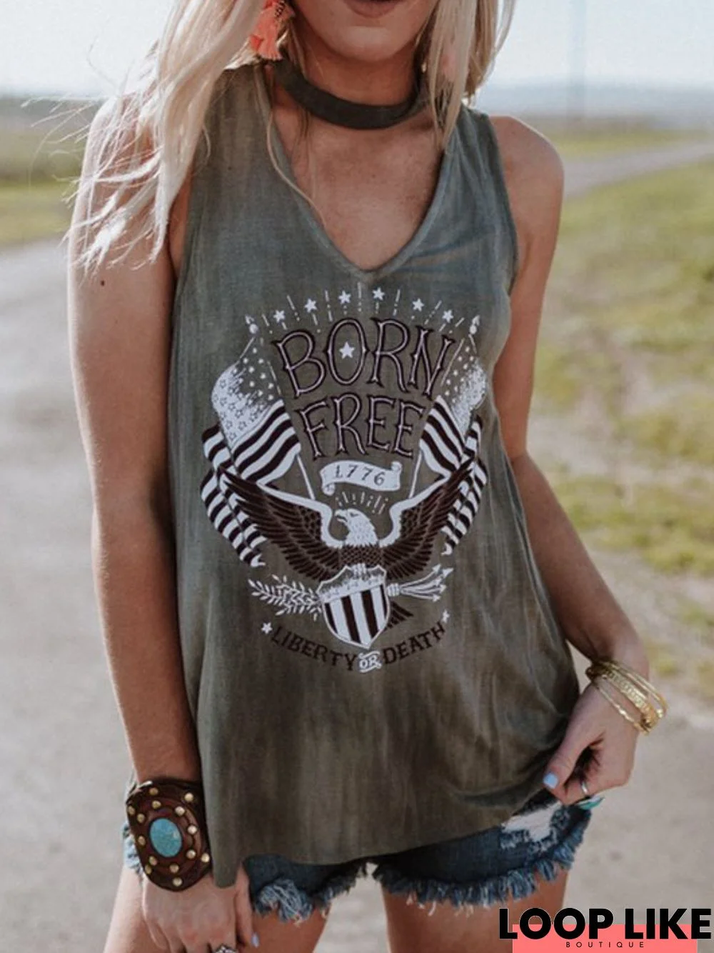 Coffee Printed V Neck Sleeveless Shirts & Tops