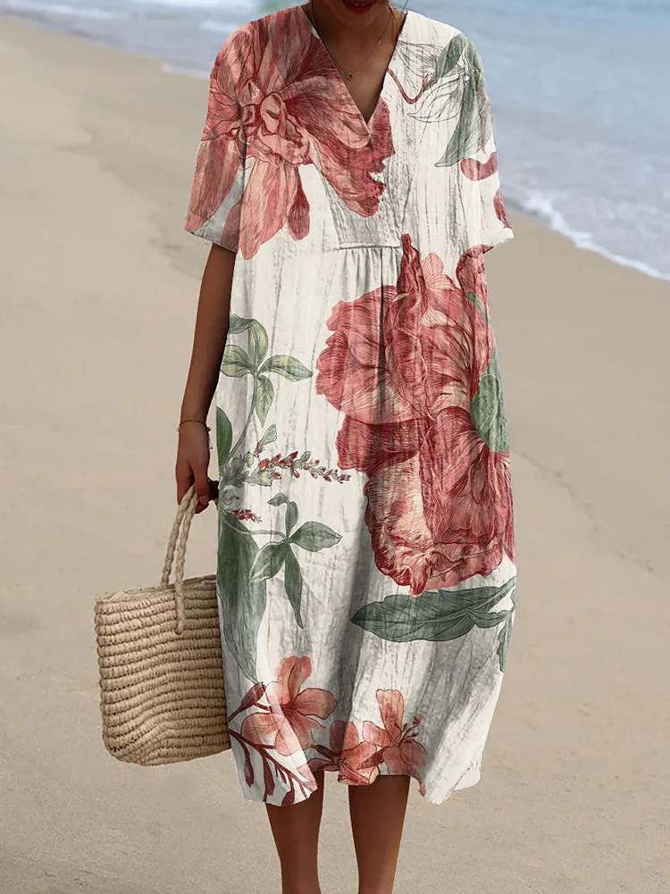 Women's Vintage Flower Art Print Flowy Dress