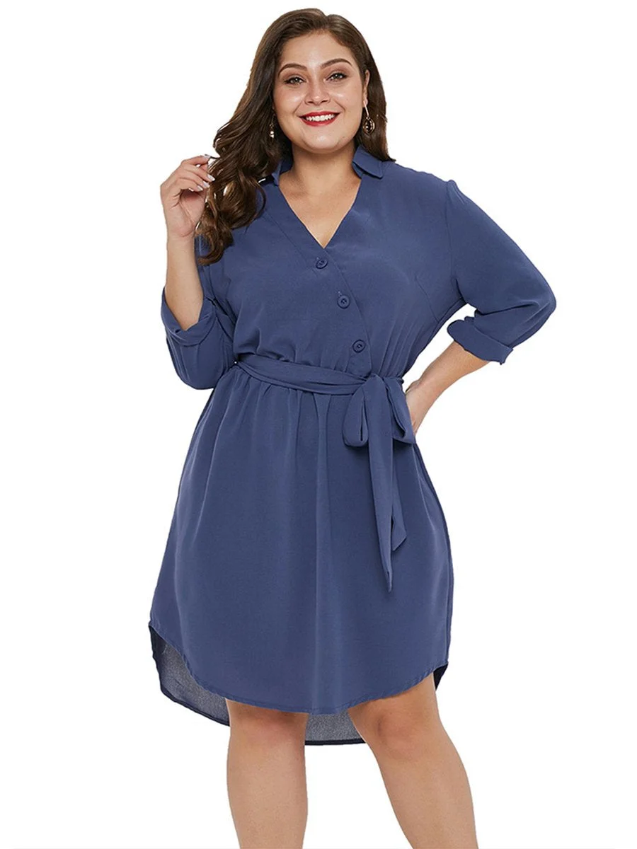 Plus Size Dress V Neck Buttons Design Solid Color Midi Dress