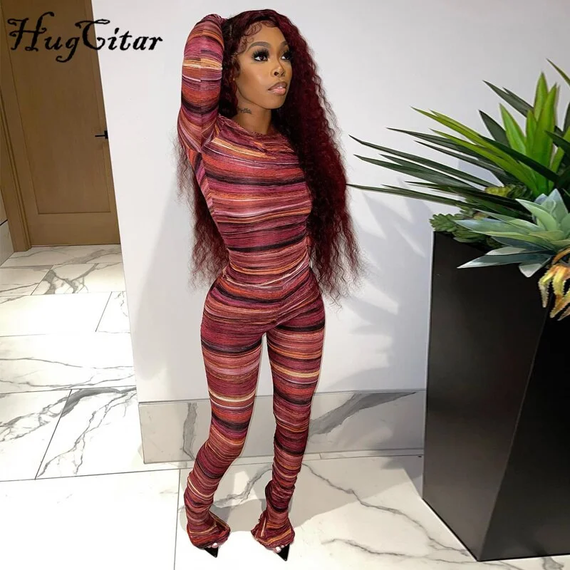 Hugcitar Bodycon Color Stripe Print Long Sleeve Crop Top High Waist Flare Leggings 2 Piece Set 2021 Women Fashion Tracksuit