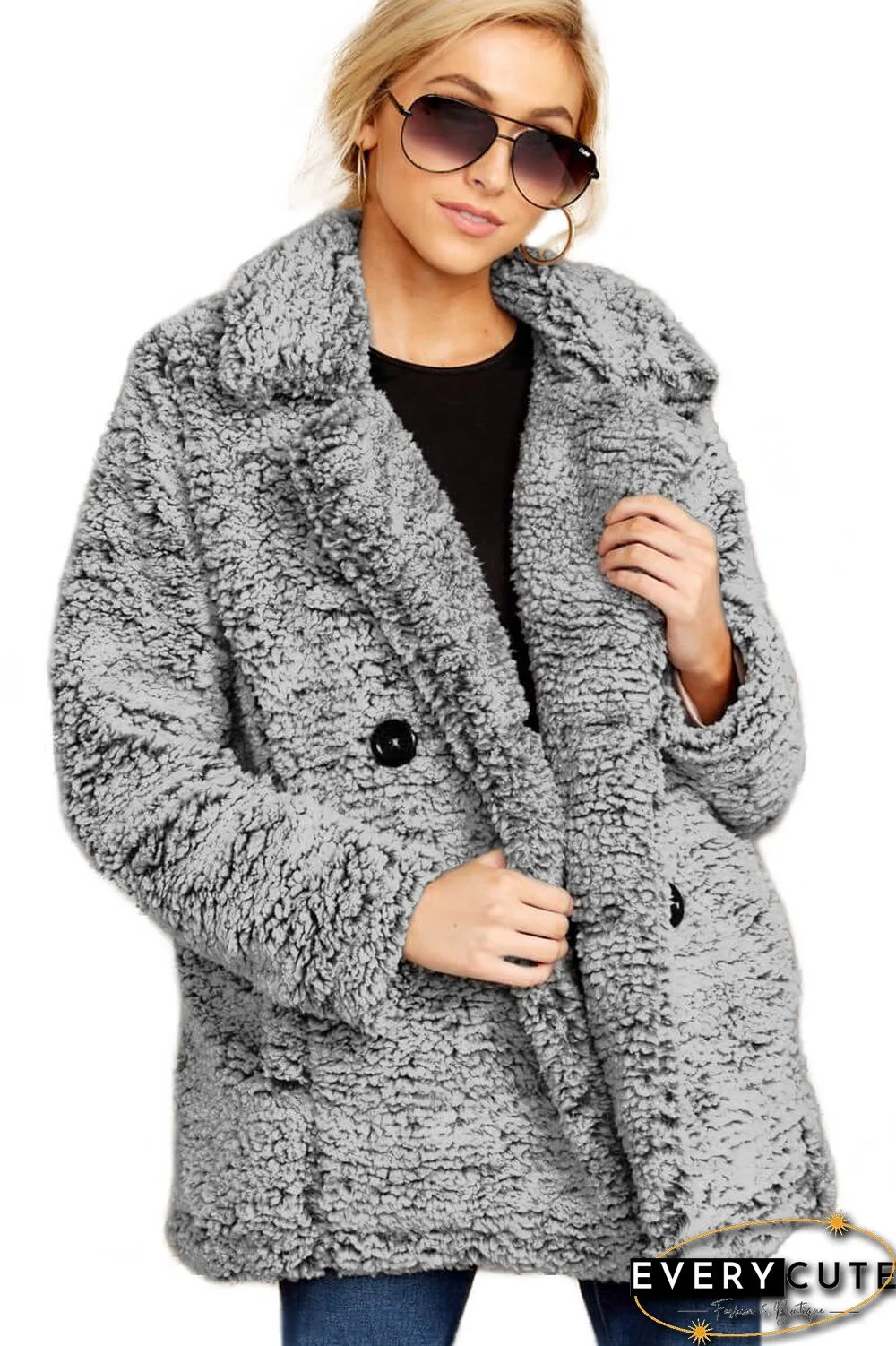 Dark Gray Double-breasted Lapel Plush Jacket