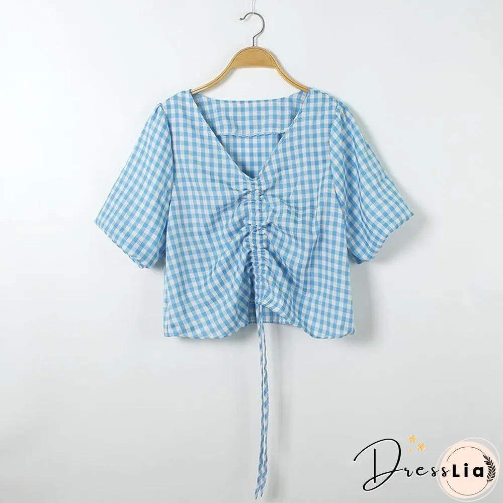 T-Shirts Womens Summer Crop Tops Plaid V-Neck Lantern Sleeve 2Xl Drawstring Slim Chic