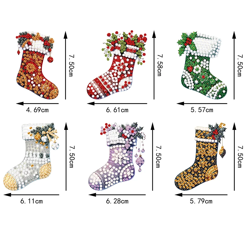 6pcs Xmas Stockings 2D Flat DIY Diamond Art Pendant Wall Door Decoration