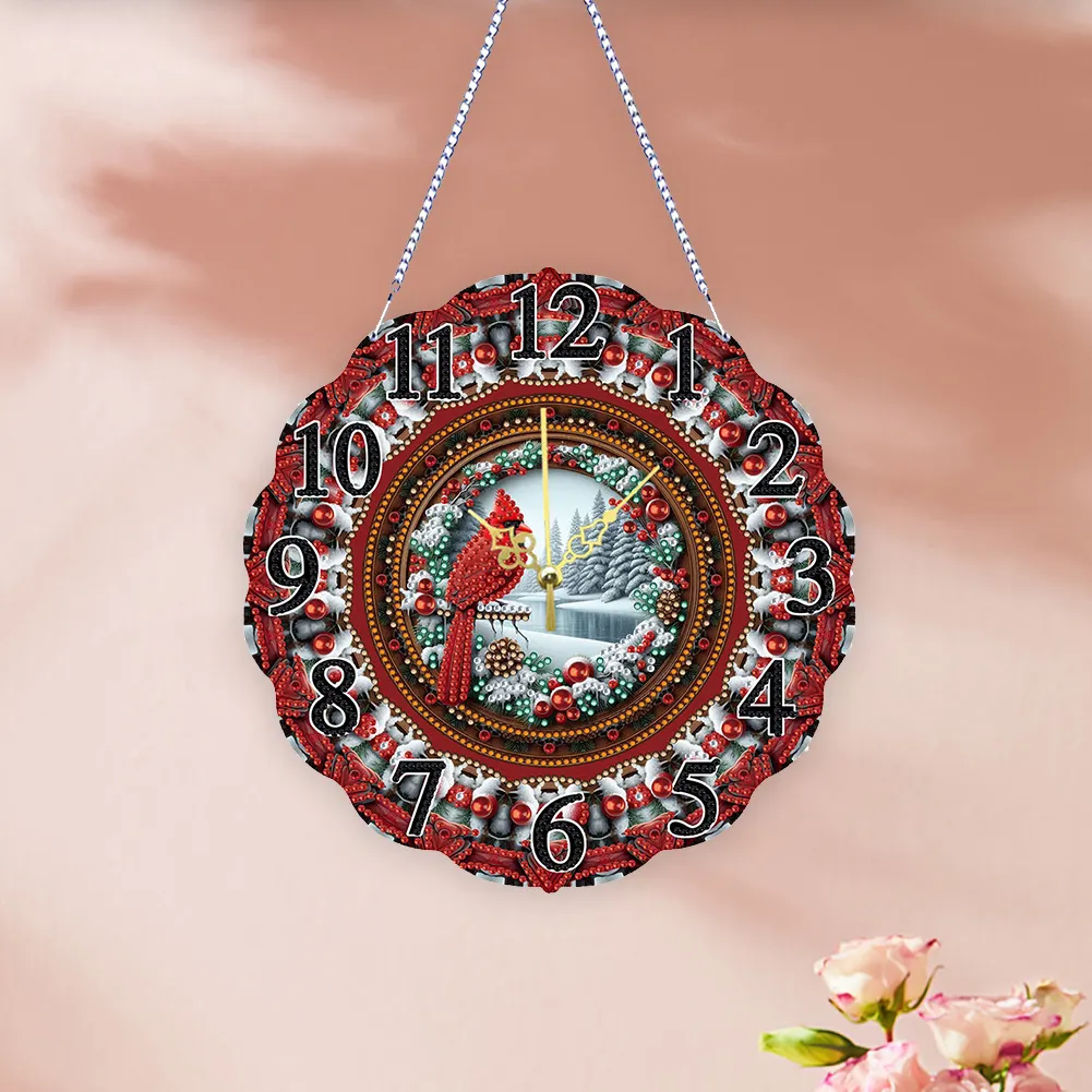 DIY Cardinal Special Shape Diamond Painting Hanging Clock for Home Decor