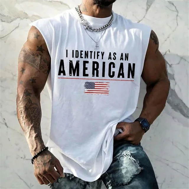 Men's I Identify As An American Print Round Neck Tank Top