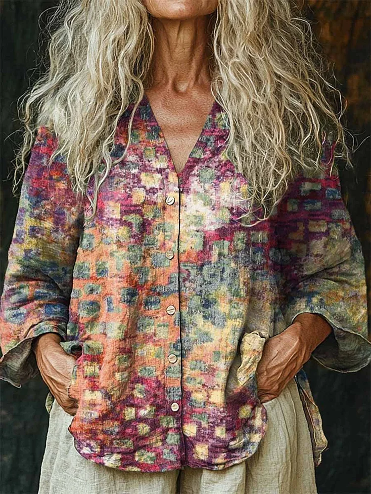 Women's Vintage Abstract Art Print Linen And Cotton V-neck Casual Shirt
