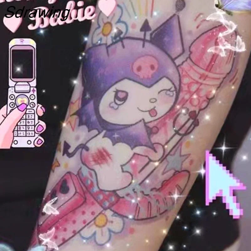 Sdrawing Temporary Tattoo Sticker Anime Cartoon Cute Pink Hair Girl Flower Necklace Fake Tatto Flash Tatoo Art for Women Men