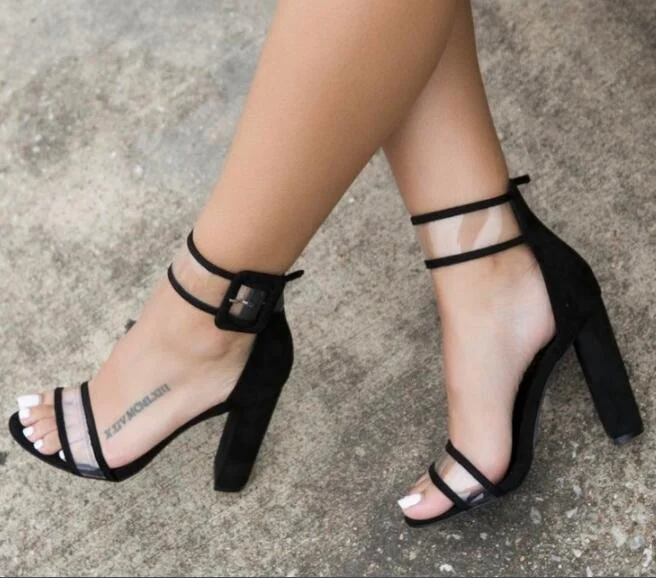 Ladies Bandage Transparent Sexy Summer Party Flock Sandal Shoes 35-42 SizeWomen Ankle Strap High Heel Sandals Shoes 2022