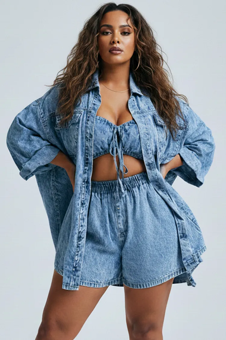 Xpluswear Design Plus Size Party Light Blue Shirt Collar Long Sleeve Pocket Denim Three Piece Sets [Pre-Order] 2024 - Xpluswear