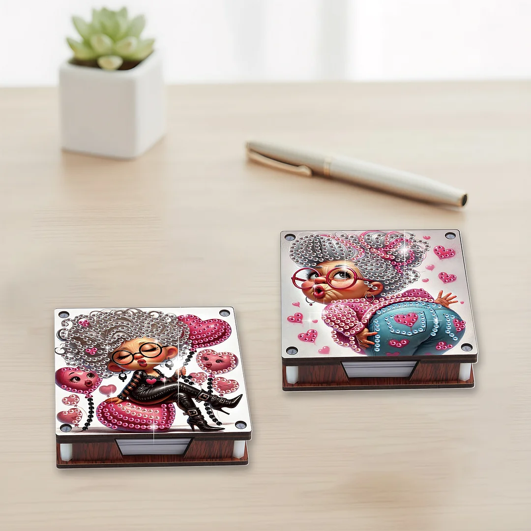 4pcs Wooden DIY Funny Old Lady Diamond Painting Kit Note Box with 480 Papers