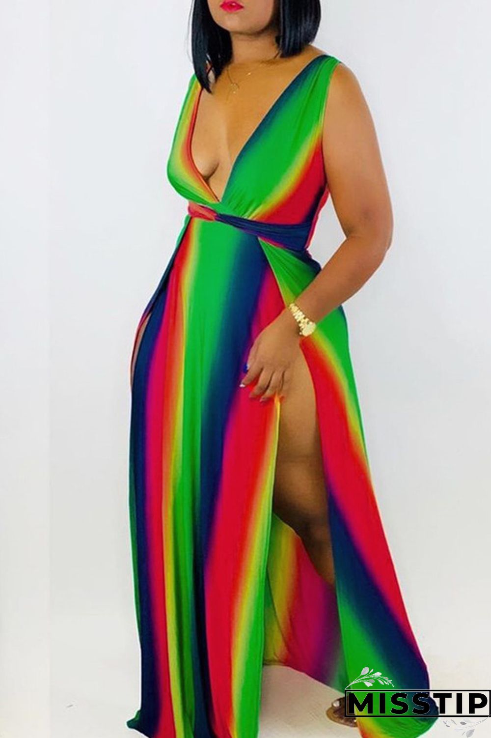 Yellow Sexy Rainbow Printing Striped V-neck Dress