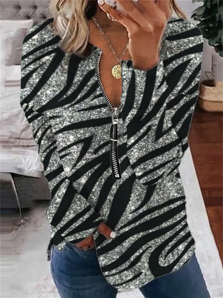 Glitter Zebra Pattern Zip Up Sweatshirt