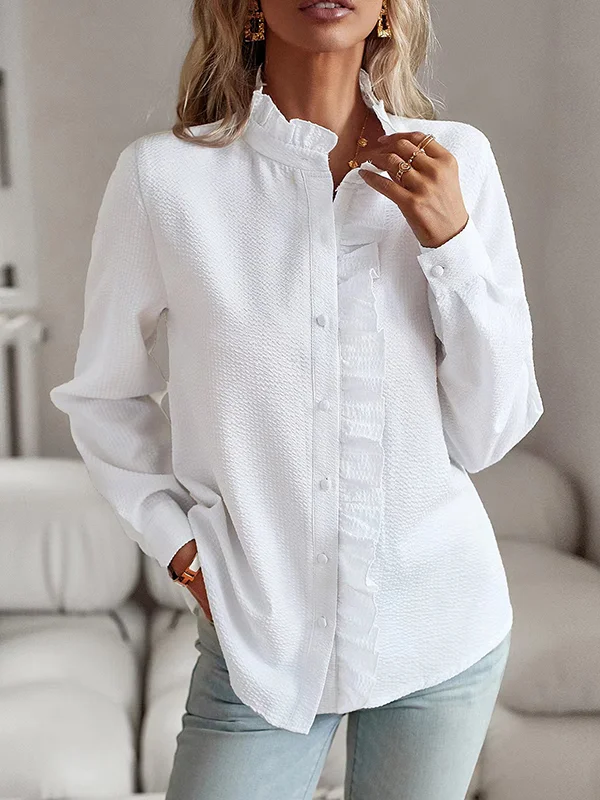 Pleated Ruffled See-Through Solid Color Split-Joint Long Sleeves Loose Stand Collar Blouses&Shirts Tops