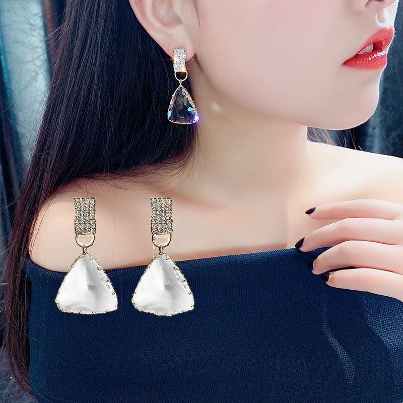 UsmallLifes King Women Simple High-grade Crystal Earrings Trendy Elegant Temperament Transparent Geometric Triangle Ear Stud US Mall Lifes
