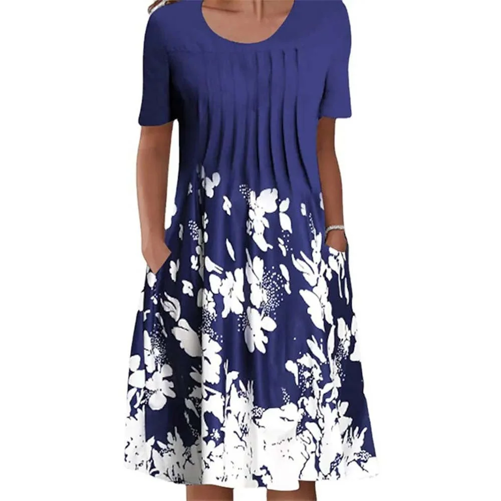 Uveng Floral Print Round Neck Pocket Mid-length Dresses