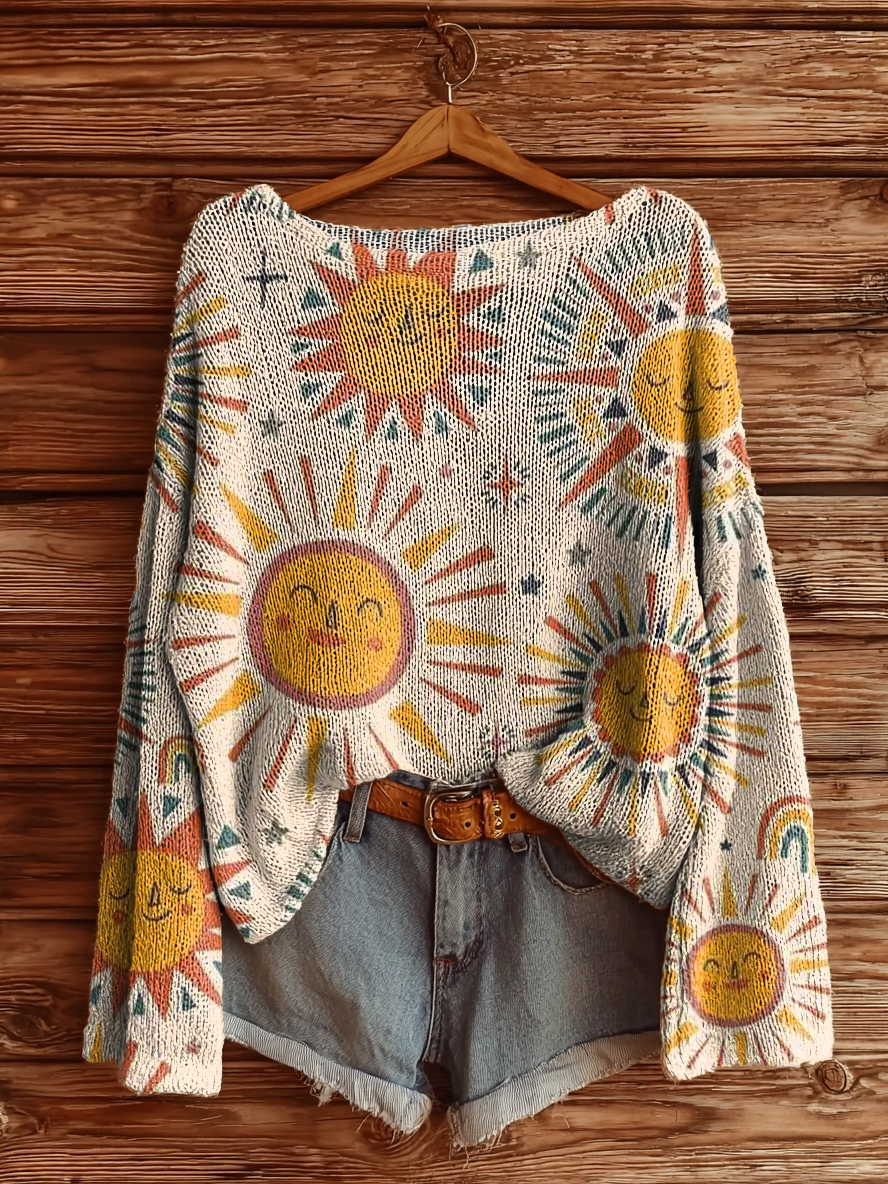 Women's Hippie Sunfloral Art Print Casual Pullover Sweater