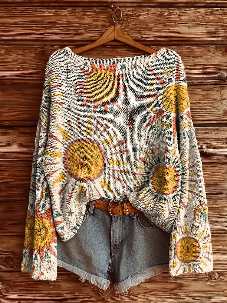Women's Hippie Sunfloral Art Print Casual Pullover Sweater