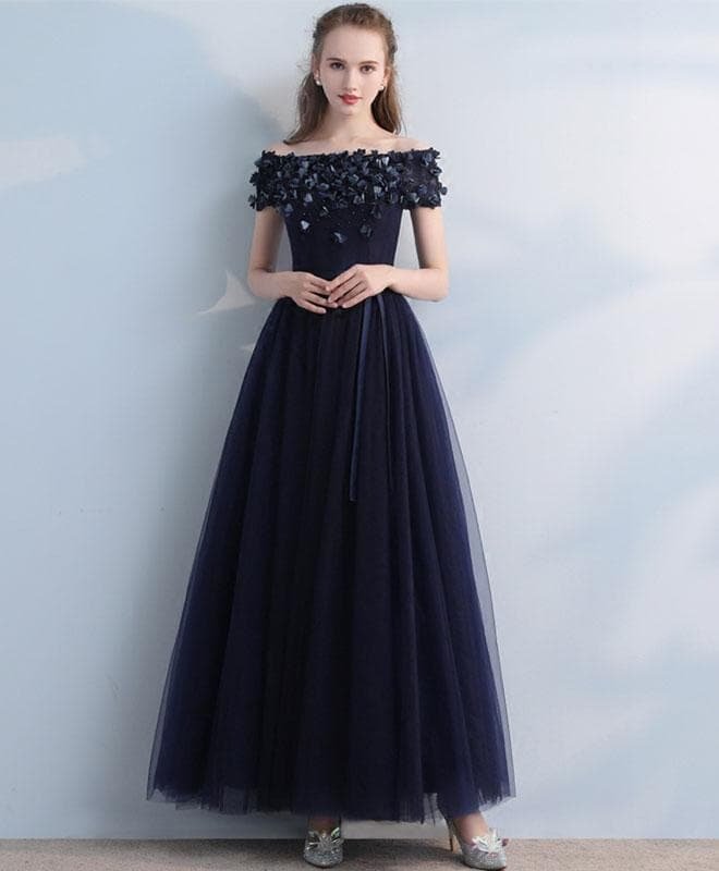 Dark Blue Tulle Off Shoulder Long Prom Dress, Blue Eveninng Dress