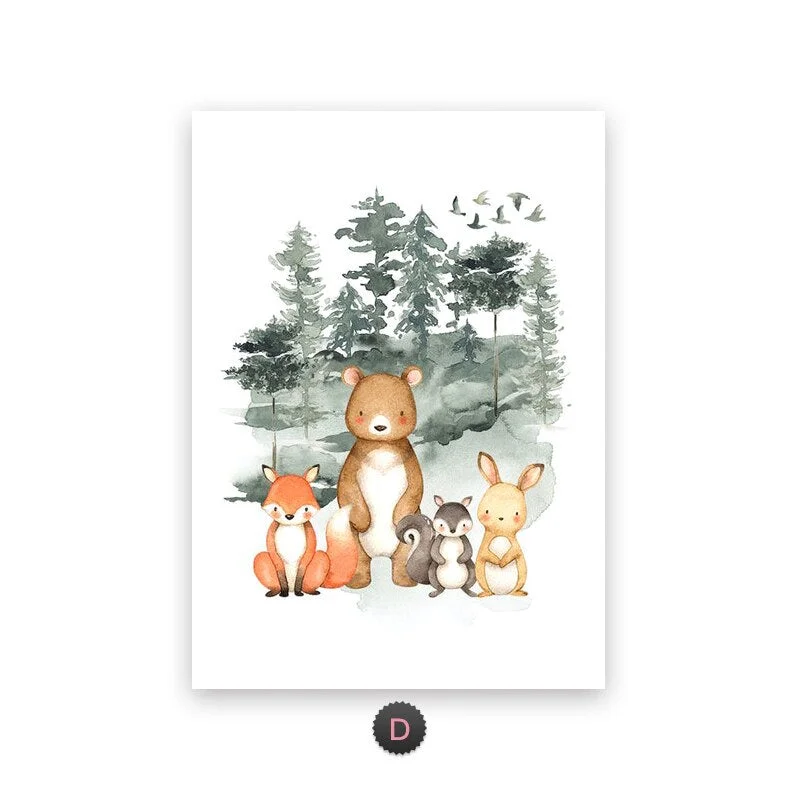Custom Name Wall Posters Forest Animals Canvas Print Bear Fox Deer Painting Nursery Prints Nordic Wall Pictures Baby Room Decor