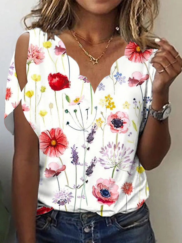Comfy Plant Print Split Sleeve Top