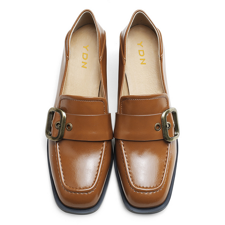 Brown Leather Lug Sole Loafers With Knot Decor Chunky Heels |FSJ Shoes