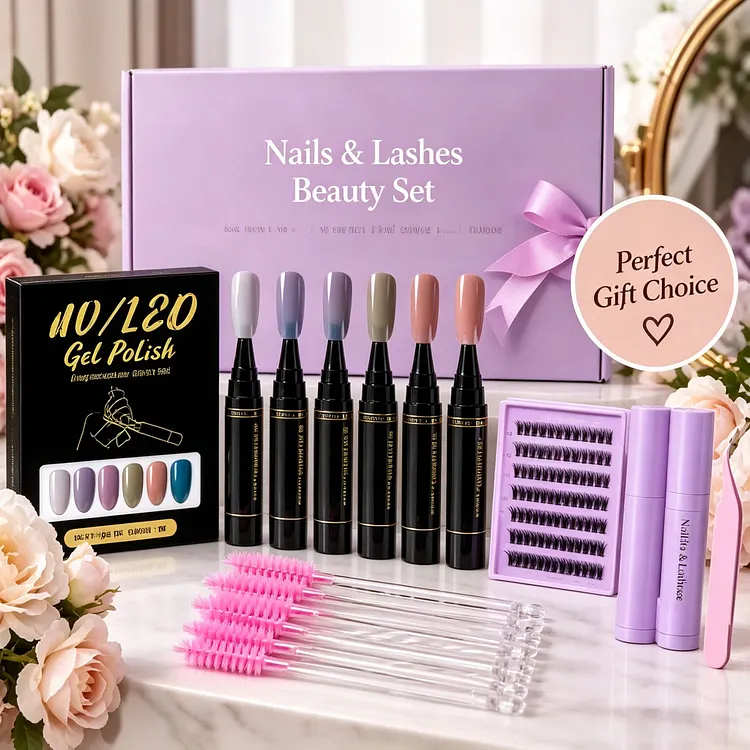 2-in-1 DIY Nail & Lash Beauty Kit &ndash; 6 Colors Gel Polish Pens, Cluster False Eyelashes, Lash Tools & Beauty Accessories, Complete At-Home Manicure and Lash Extension Gift Set