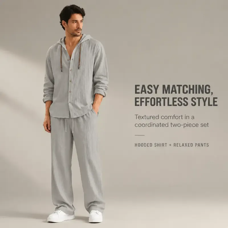 2-Piece Set Men's lightweight Trendy Hooded,Made From Soft Linen,Casual Vacation Style, Loose Fit Breathable Fabric,Long Hoodie & Wide-Leg Pants, Summer Wear outdoorfun Sweatshirt Clothes Fashion Trouser