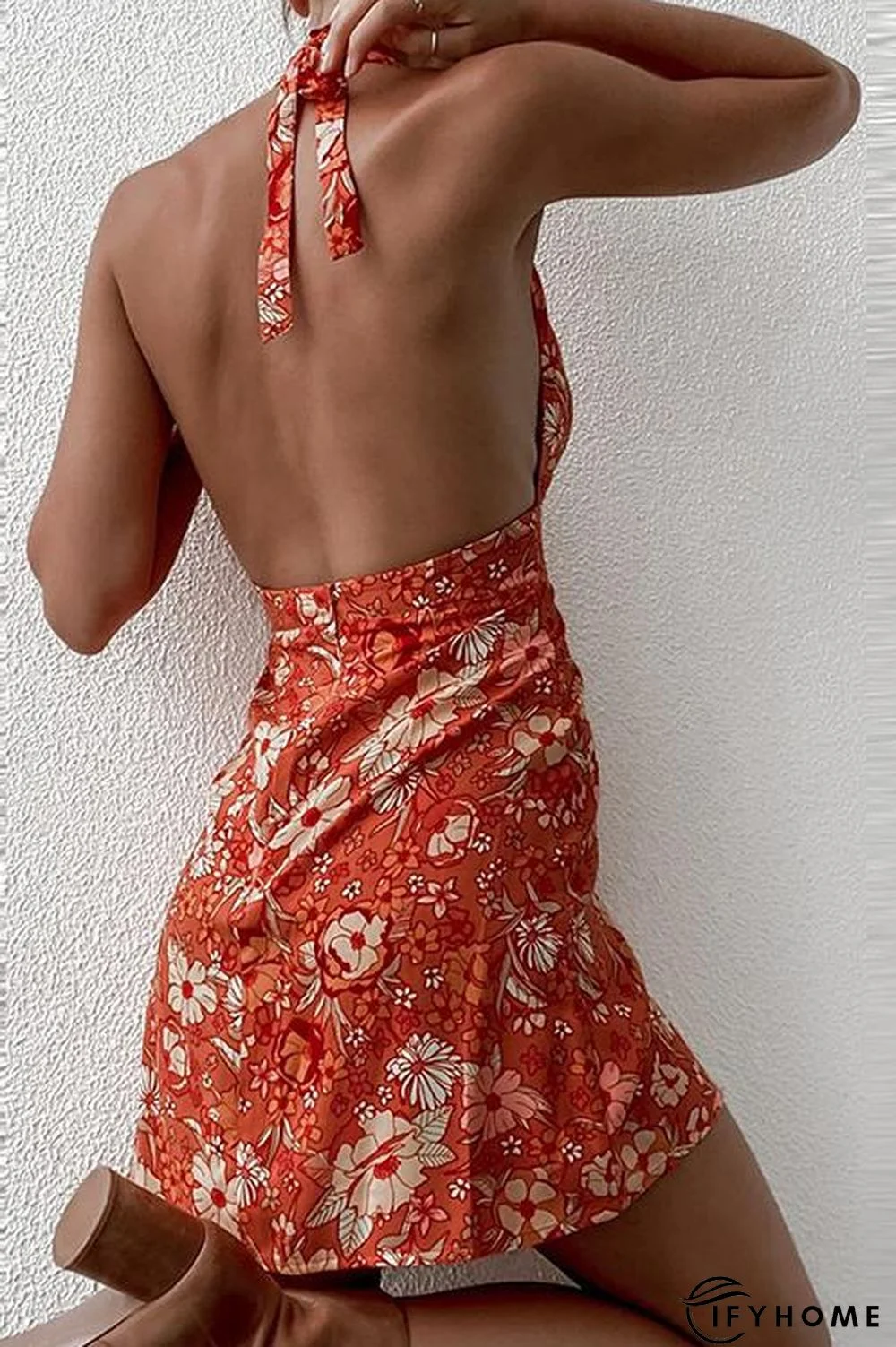 Print Halter Neck Backless Mini Dress | IFYHOME