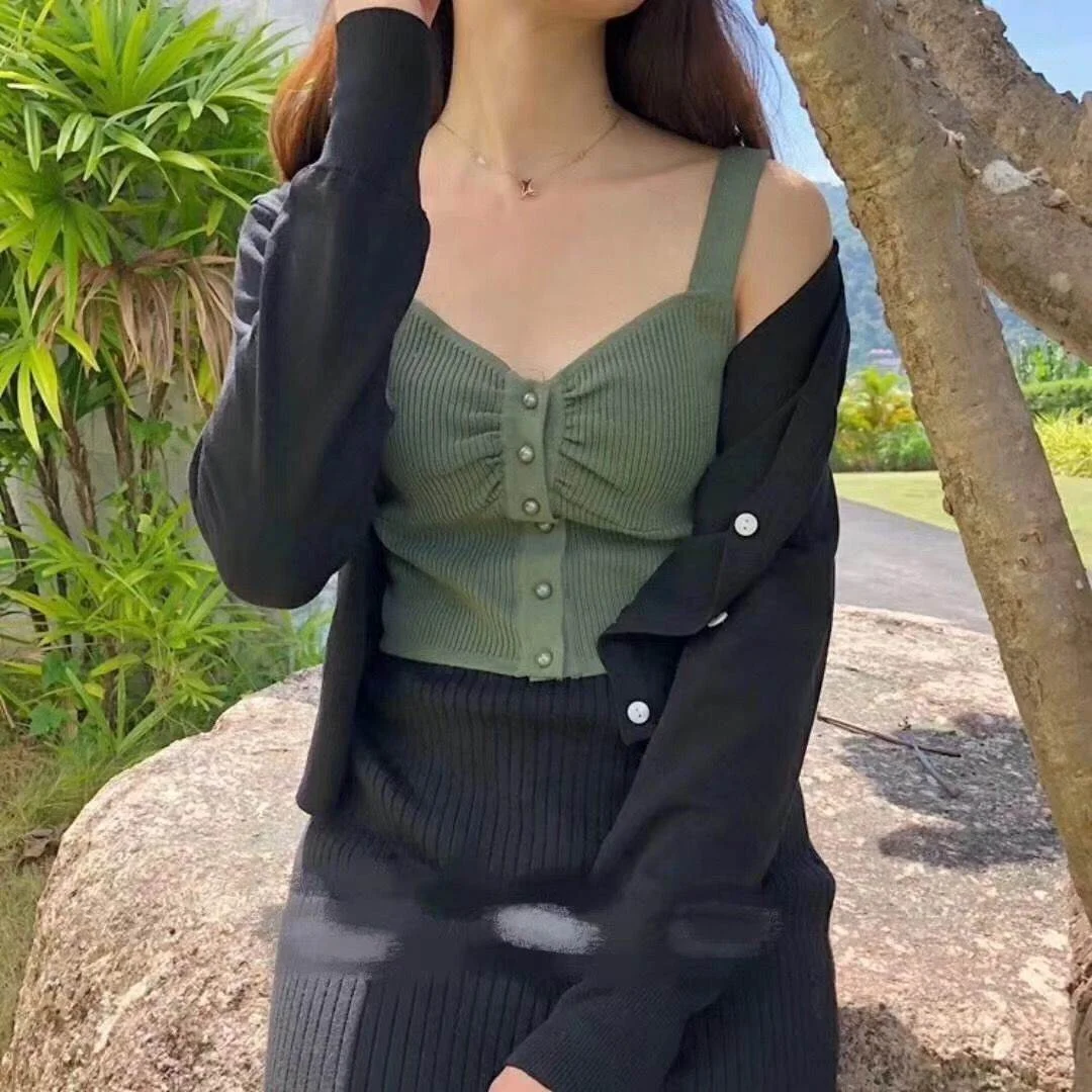 Uveng Uveng Short Sling Vest Female Hong Kong Flavor Retro Chic Korean Version Of Twisting Buckle Decorative Temperament Match Blouse Korean Tide