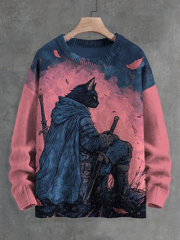 Men's Warrior Cat Japanese Art Print Knit Sweatshirt