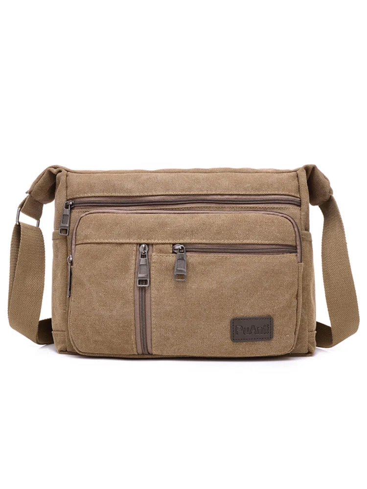 Men Canvas Shoulder Bag Multi Pocket Male Travel Messenger Handbag (Coffee)