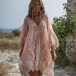 Boho Pink Roses Lace Embroidered Flowy Linen Mini Dress - Image 2