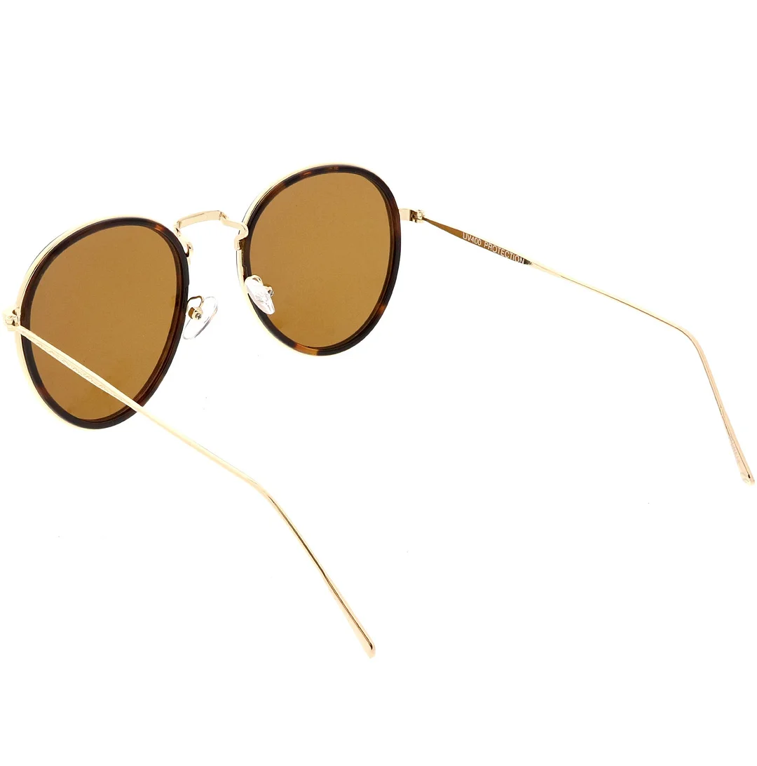 Modern Round glasses Engraved Slim Metal Arms Neutral Color Flat Lens