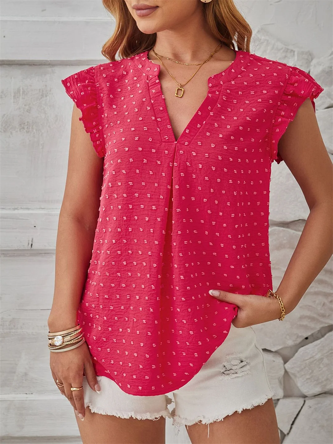 Women Short Sleeve V-neck Solid Color Tops