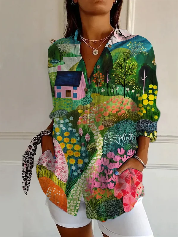 Women's Village Garden Flowers Printed Long Sleeve Shirt