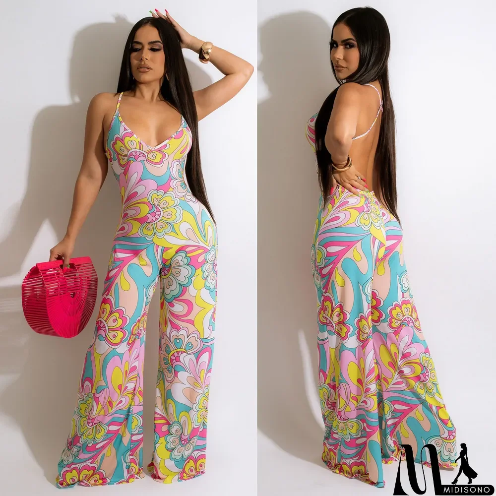 MidiSono - Sexy Print Slim Fit Backless Jumpsuit