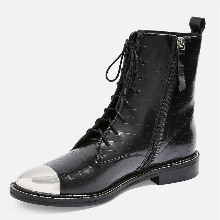 Black Lace Up Boots With Silver Toe |FSJ Shoes