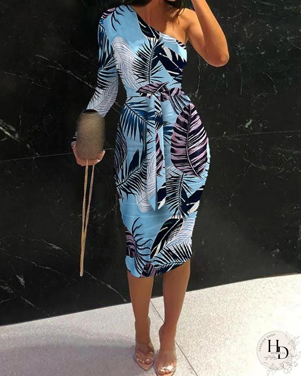 Tropical Print One Shoulder Ruched Skinny Dress