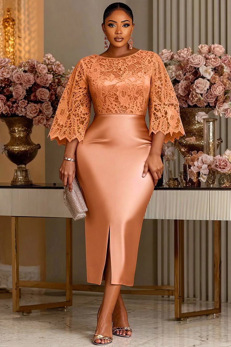 Xpluswear Design Plus Size Wedding Guest Rose Gold Round Neck Flare 3/4 Sleeve Split Elegant Bodycon Satin Midi Dresses [Pre-Order]