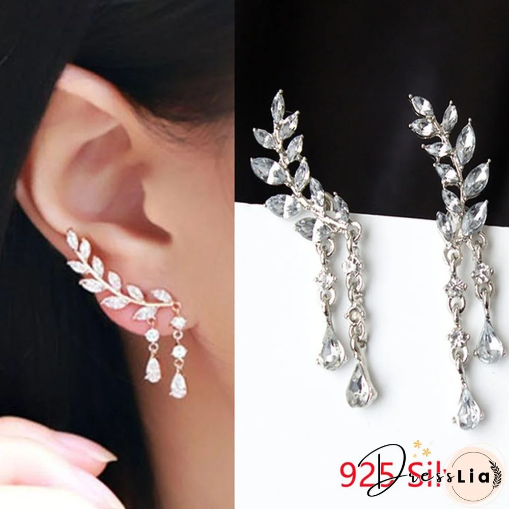 Elegant Fashion Luxury Women's 925 Silver Tree Leaf Tassel Water Drop Earrings Crystal Shining Lucky Diamond Party Earrings Noble Jewelry Accessories Anniversary Gift Mother's Day Gift