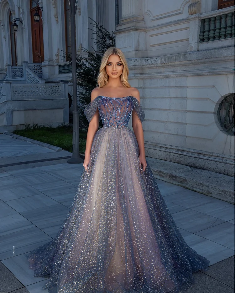 Hellodresses Gorgeous Sequins Off the Shoulder Strapless Long A Line Prom Dress