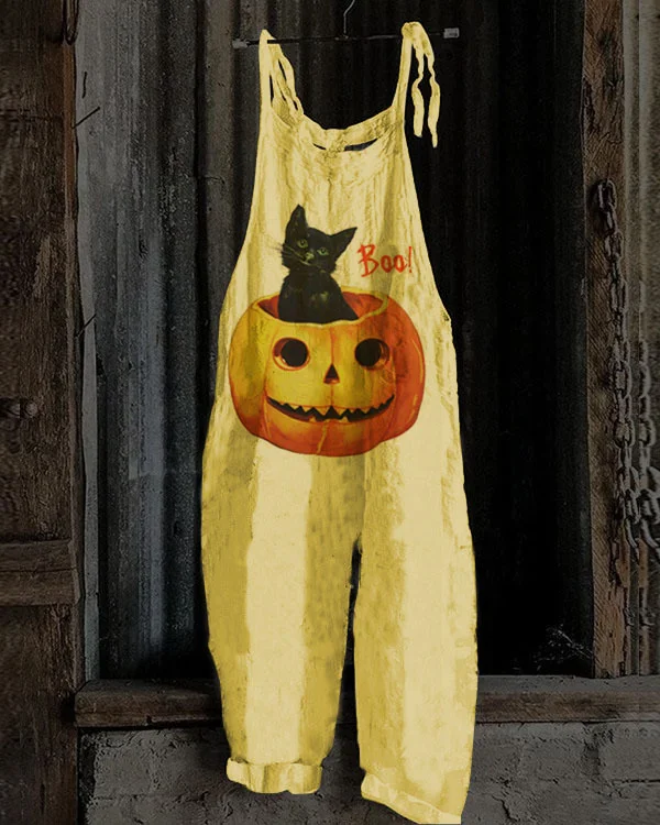 Women's Halloween Night Pumpkin Cat Linen Cotton Jumpsuit