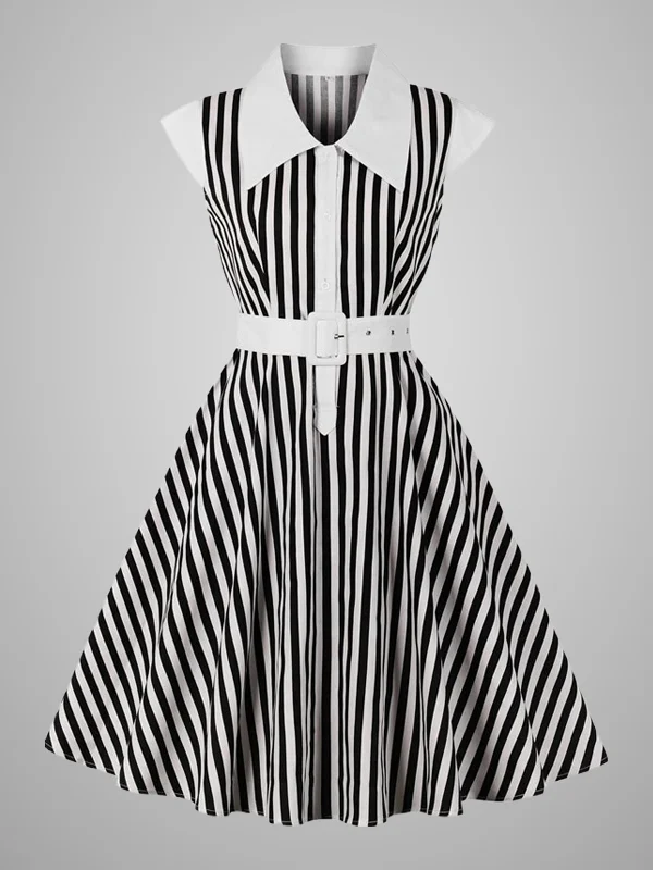 Stripes Color Block Belt Decorated Shirt Neck Short Sleeve Swing Dress