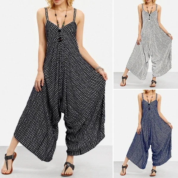 ZANZEA Long Black Rompers Women Jumpsuit Sexy Strapless Casual Striped Loose Overalls Oversized