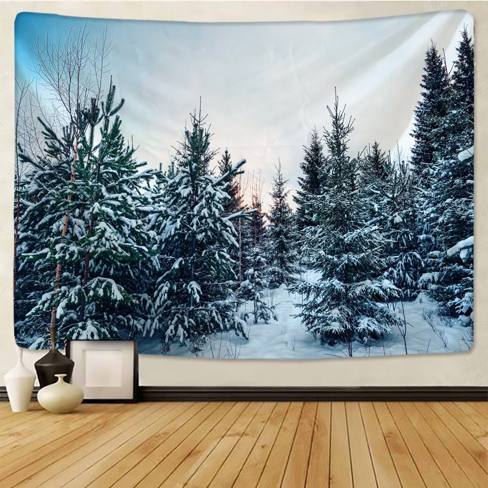 Xmas Tapestry Home Wall Hanging Polyester Snow Scene Christmas Tree Pattern Blanket Home Decoration Gift