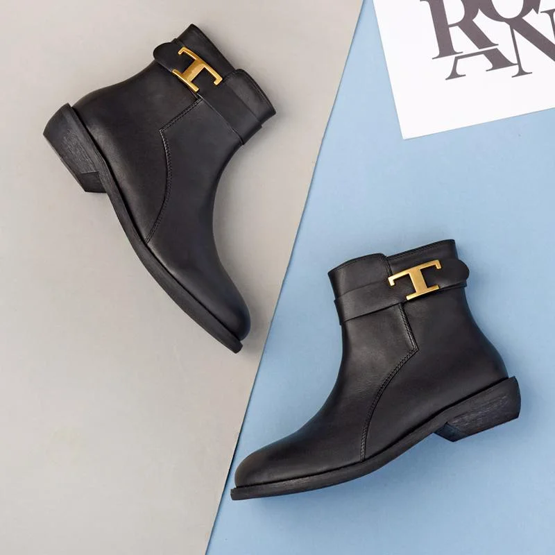 Wide Fit Handmade Genuine Leather Round Toe Back Zip Low Heels Chic Mid-Calf Boots With Buckles Black Leather Lining